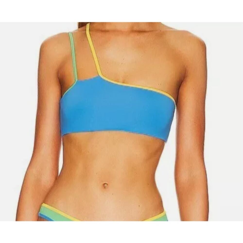 Stone Fox Swim Ibiza Blue Green Yellow One Shoulder Bikini XL Bathing Top NWT